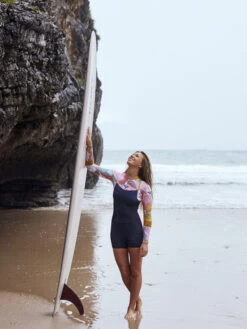 Shorty Roxy 2/2mm Syncro Series Manches Longues Back Zip - JET GRY/CORAL FLME/TEMPLE GOLD